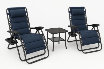 Ensemble de jardin avec 2 chaises inclinables en acier et tissu bleu et table en verre-jardinvitaluz