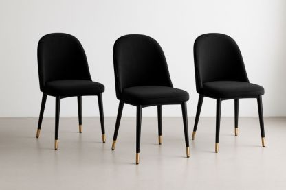 Lot de 3 chaises en tissu noir avec pieds en métal noir et embouts dorés-jardinvitaluz