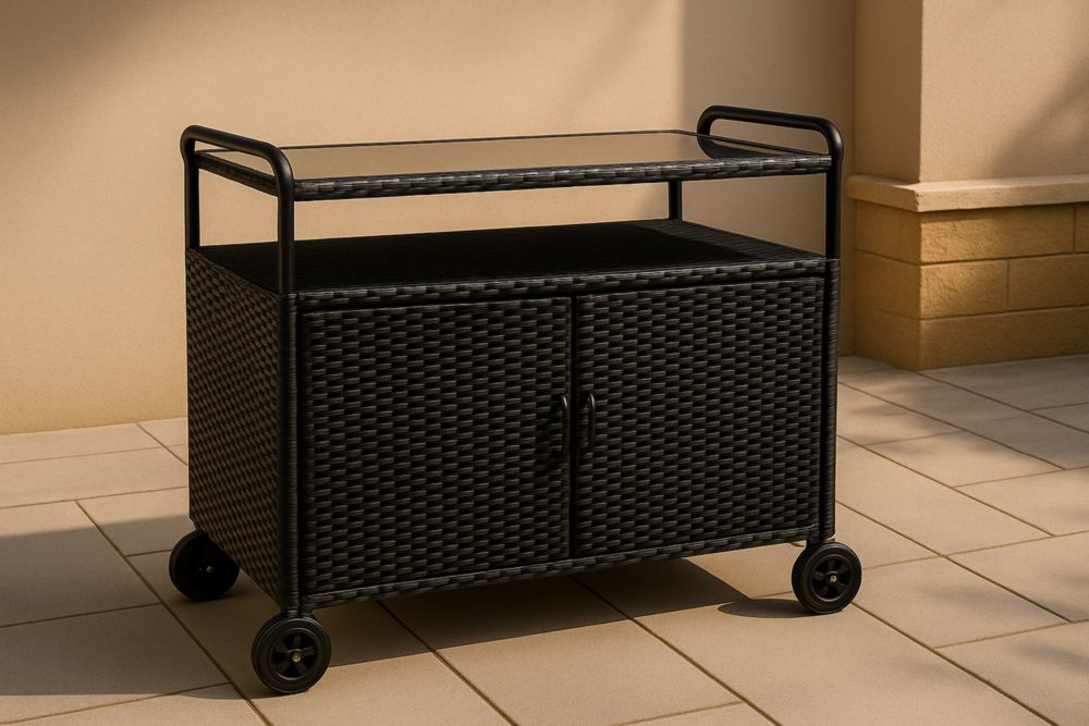 Chariot de jardin en résine tressée noire avec plateau en verre trempé-jardinvitaluz