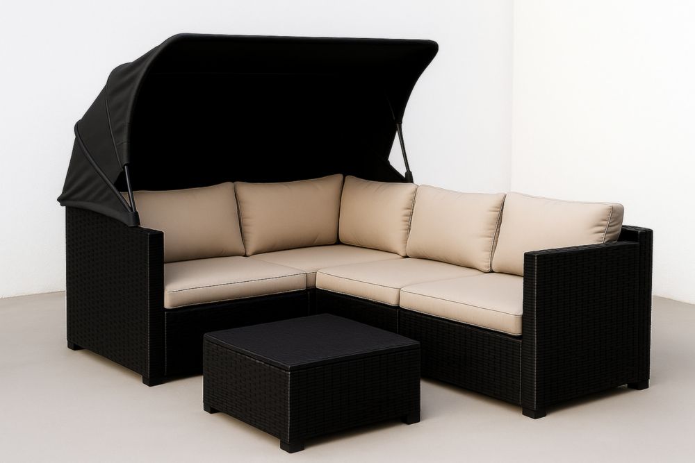 Canapé d'angle en rotin avec auvent et coussins taupe-jardinvitaluz