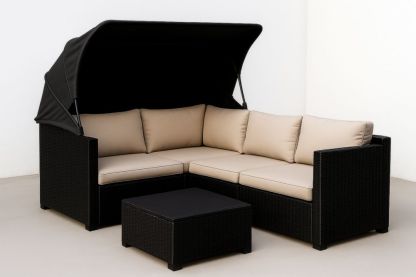 Canapé d'angle en rotin avec auvent et coussins taupe-jardinvitaluz