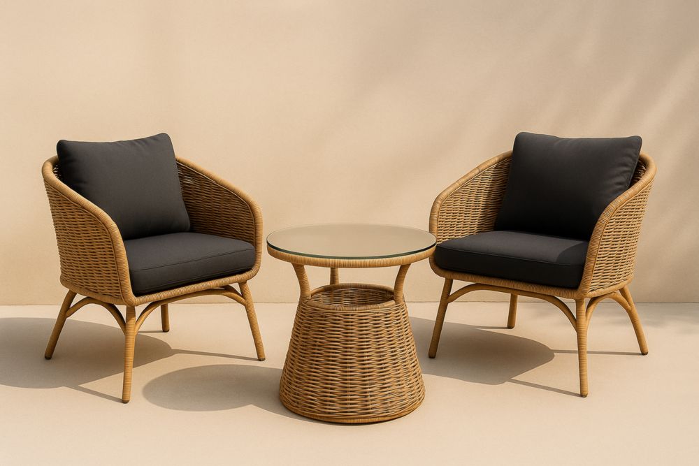 Ensemble de jardin en rotin synthétique avec coussins noirs et table en verre trempé-jardinvitaluz