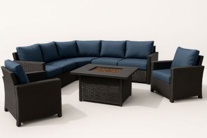 Salon de jardin modulaire en résine tressée noire avec table et coussins bleus-jardinvitaluz