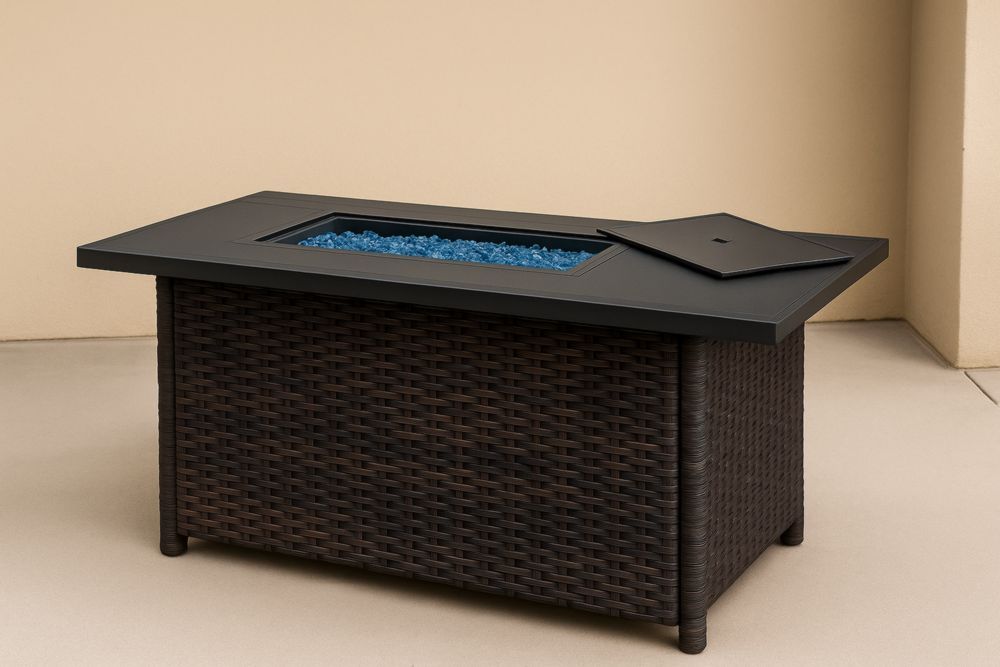 Table de Feu Extérieure Rectangulaire en Résine Tressée Noir/Marron 110x60x50 cm-jardinvitaluz