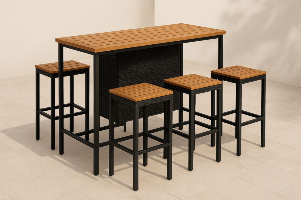 Ensemble de Table Haute et Tabourets en Aluminium et Bois Noir/Marron-jardinvitaluz