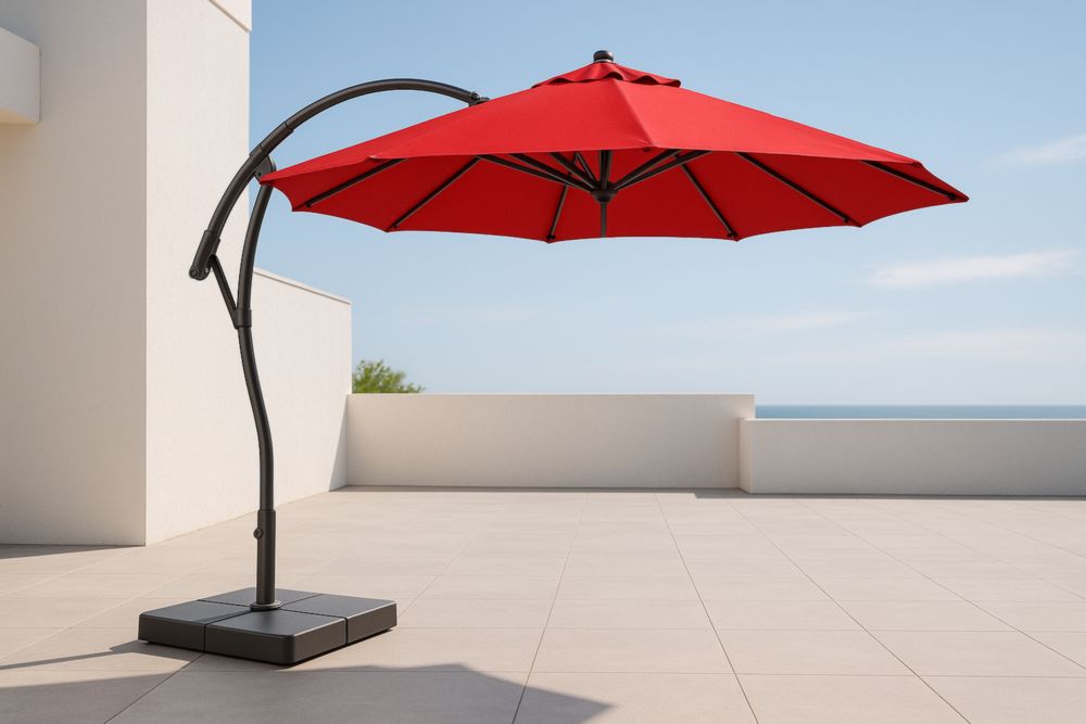 Parasol excentré rouge aluminium polyester inclinable UV terrasse-jardinvitaluz