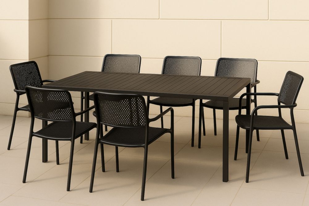 Ensemble de salle à manger extérieur 7 pièces avec table en aluminium noir et chaises empilables en métal-jardinvitaluz