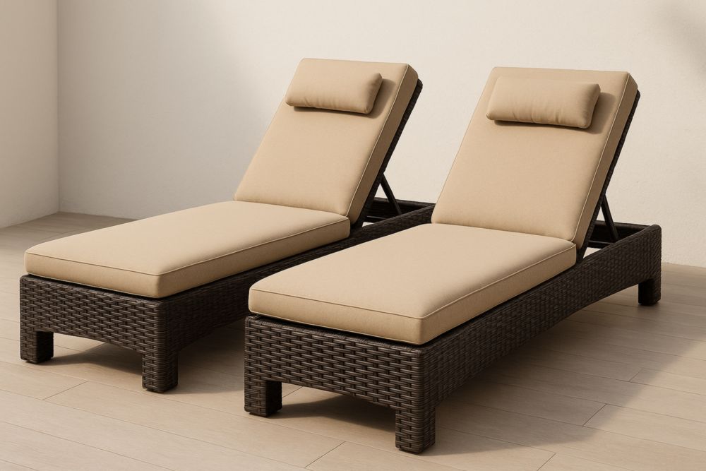 Paire de chaises longues en résine tressée avec coussins en tissu polyester beige-jardinvitaluz