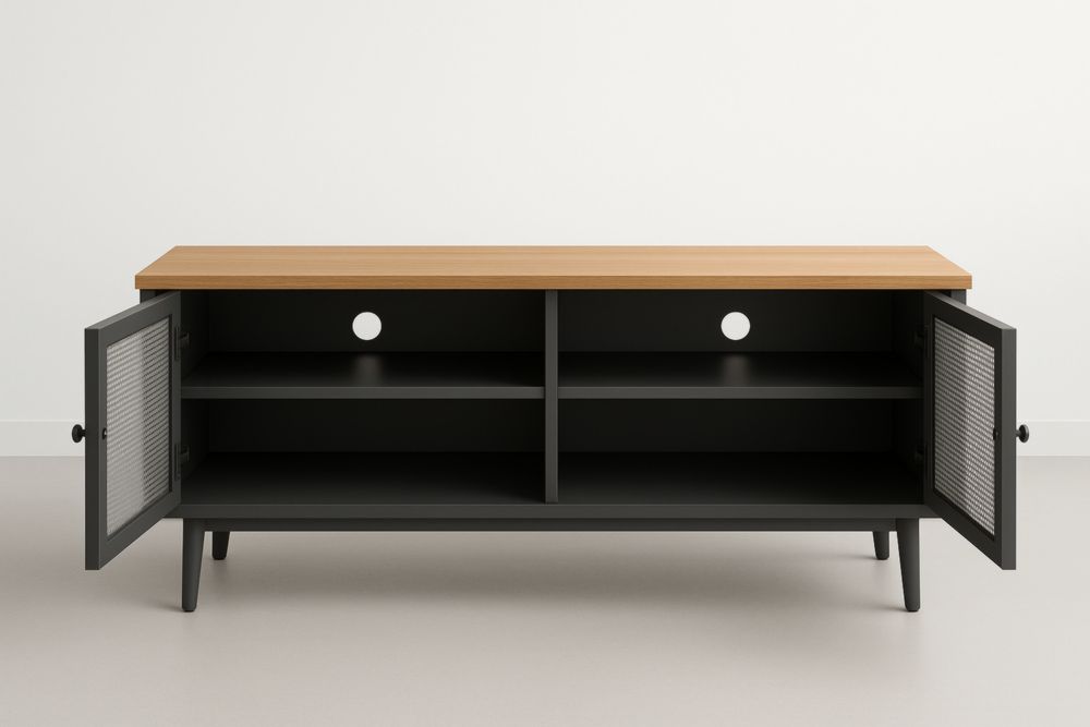 Meuble TV en Bois Composite et Métal avec Portes Grillagées 130 cm-jardinvitaluz