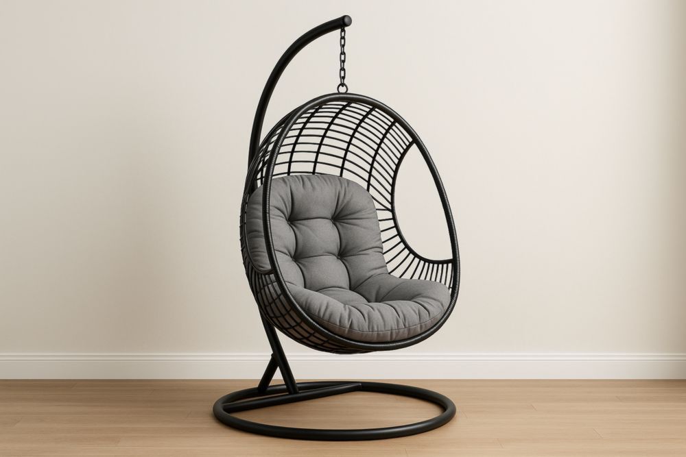 Chaise Suspendue en Rotin avec Coussin en Polyester Gris et Support en Métal-jardinvitaluz