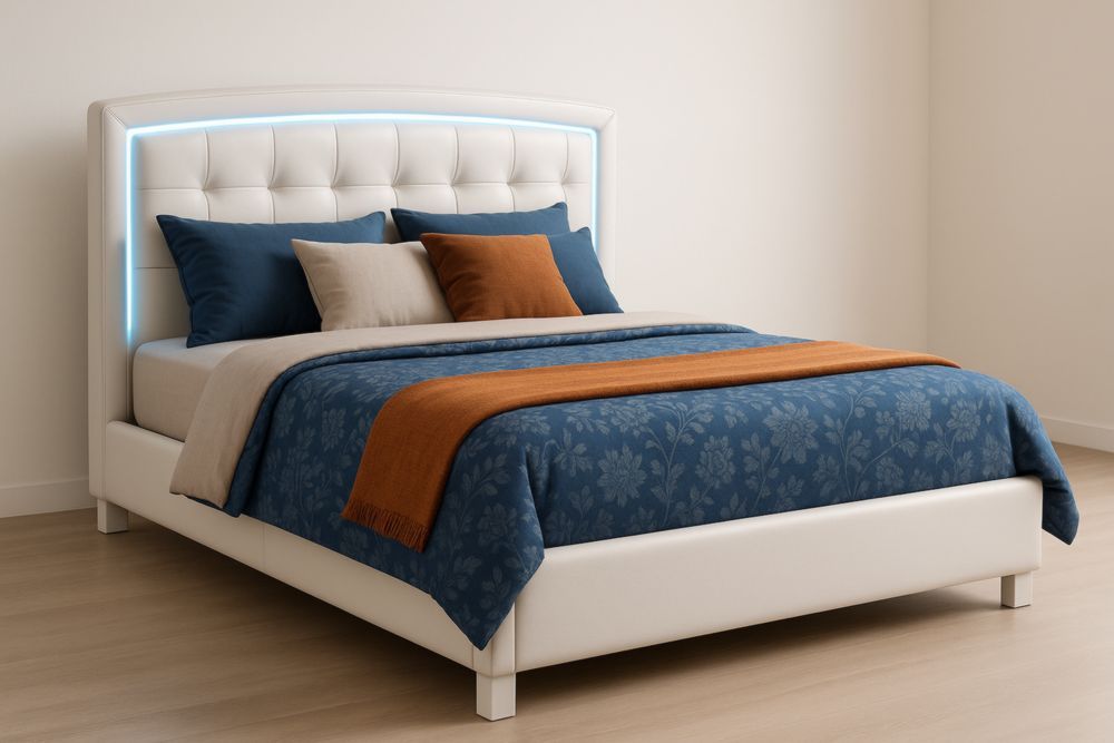 Lit double en cuir PU blanc avec LED et literie-jardinvitaluz