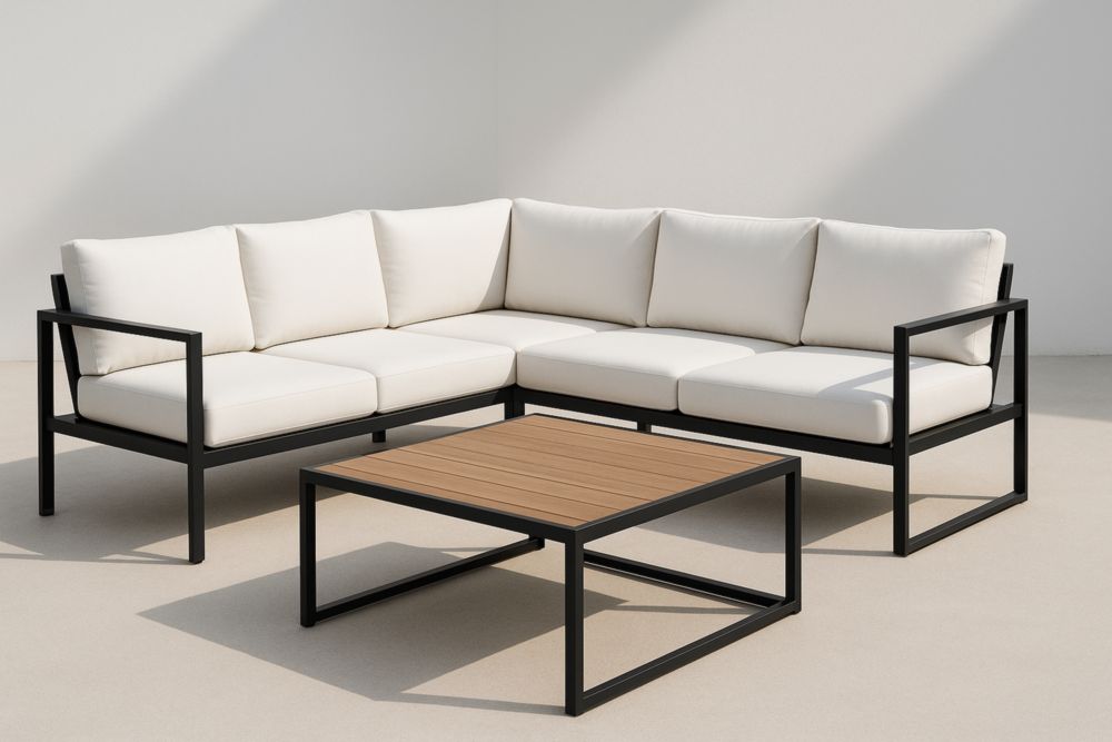 Ensemble salon de jardin aluminium avec coussins crème et table basse bois-jardinvitaluz