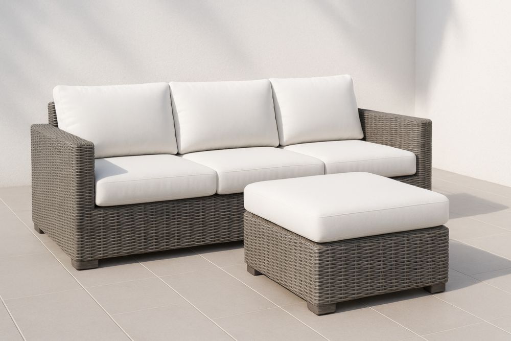 Canapé d'Extérieur en Résine Tressée avec Coussins Blancs 3 Places et Repose-pieds Gris-jardinvitaluz