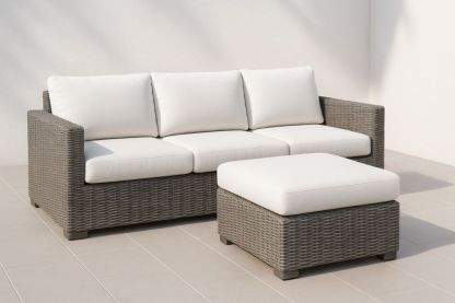 Canapé d'Extérieur en Résine Tressée avec Coussins Blancs 3 Places et Repose-pieds Gris-jardinvitaluz