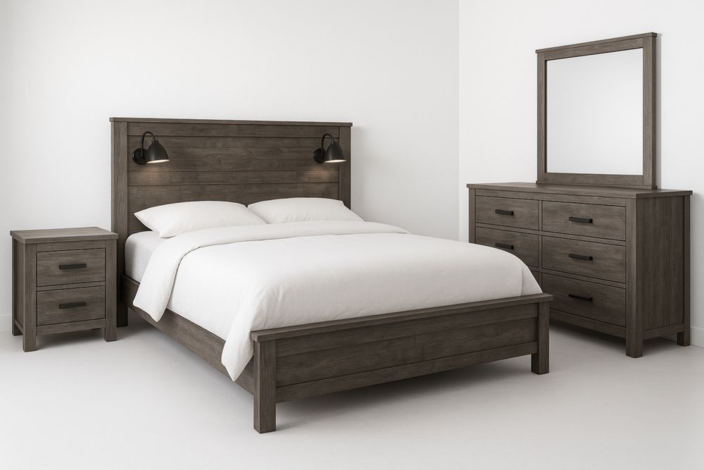 Ensemble de chambre en bois avec lit, table de chevet et commode avec miroir gris-jardinvitaluz