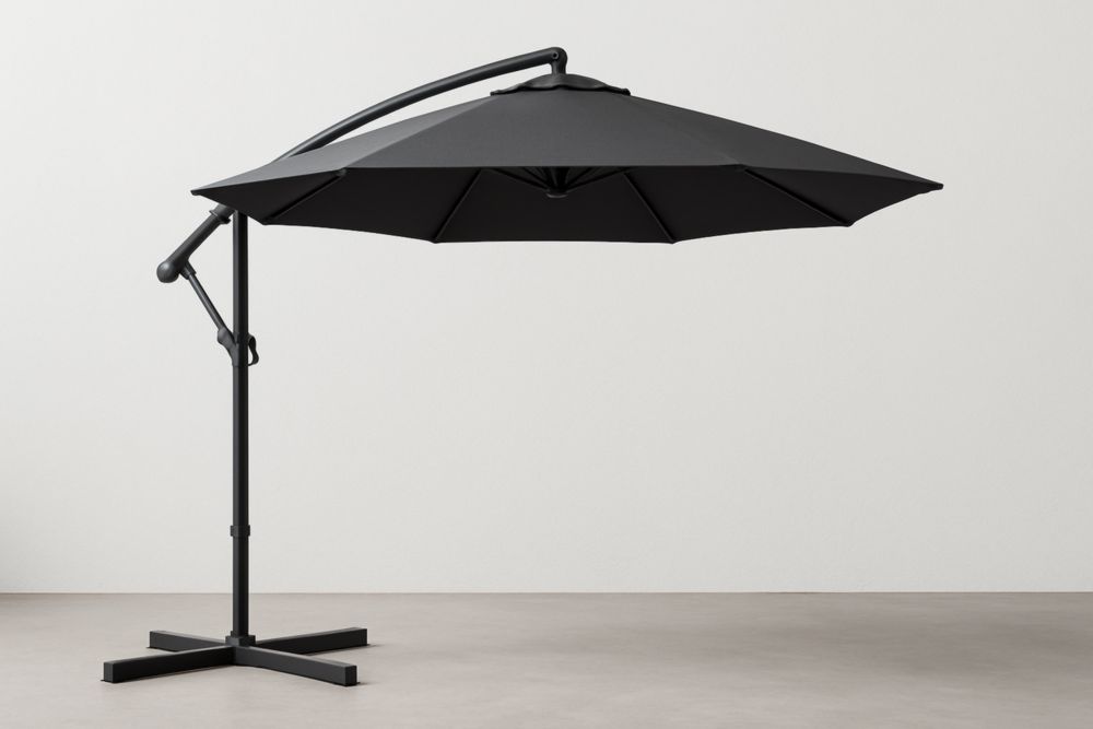 Parasol suspendu rond en aluminium et polyester anthracite avec base croisée, diamètre 300 cm-jardinvitaluz