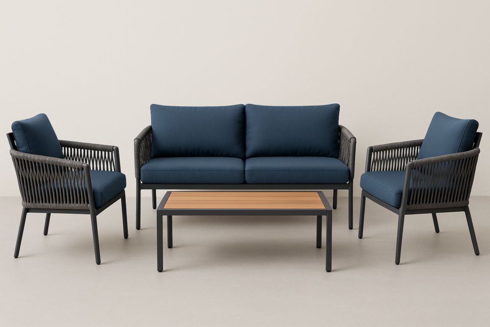 Ensemble de salon extérieur 4 pièces en aluminium avec coussins en polyester bleu-jardinvitaluz