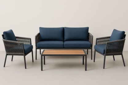 Ensemble de salon extérieur 4 pièces en aluminium avec coussins en polyester bleu-jardinvitaluz