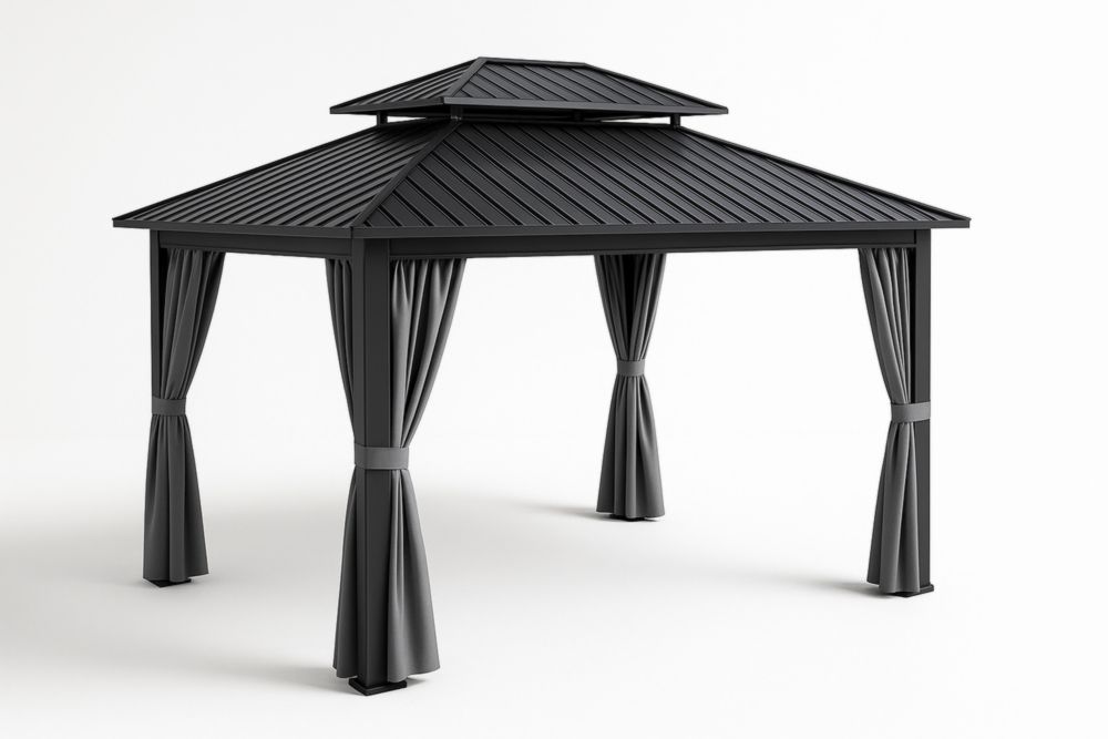 Pavillon de Jardin Aluminium avec Rideaux en Polyester Gris 300x400cm-jardinvitaluz