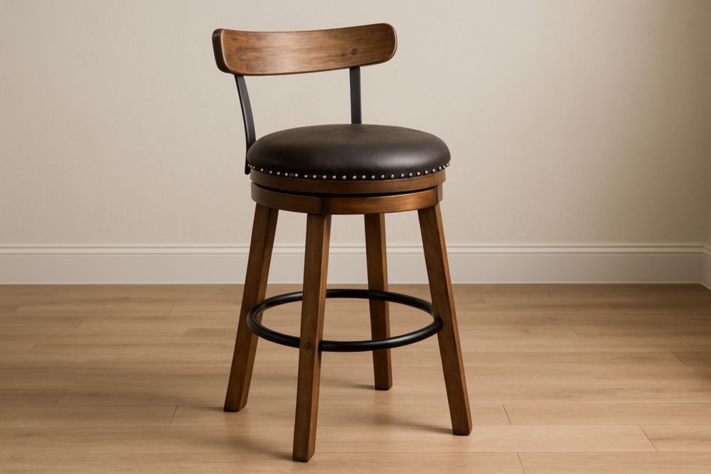 Tabouret de bar en bois et métal avec siège en cuir synthétique marron-jardinvitaluz