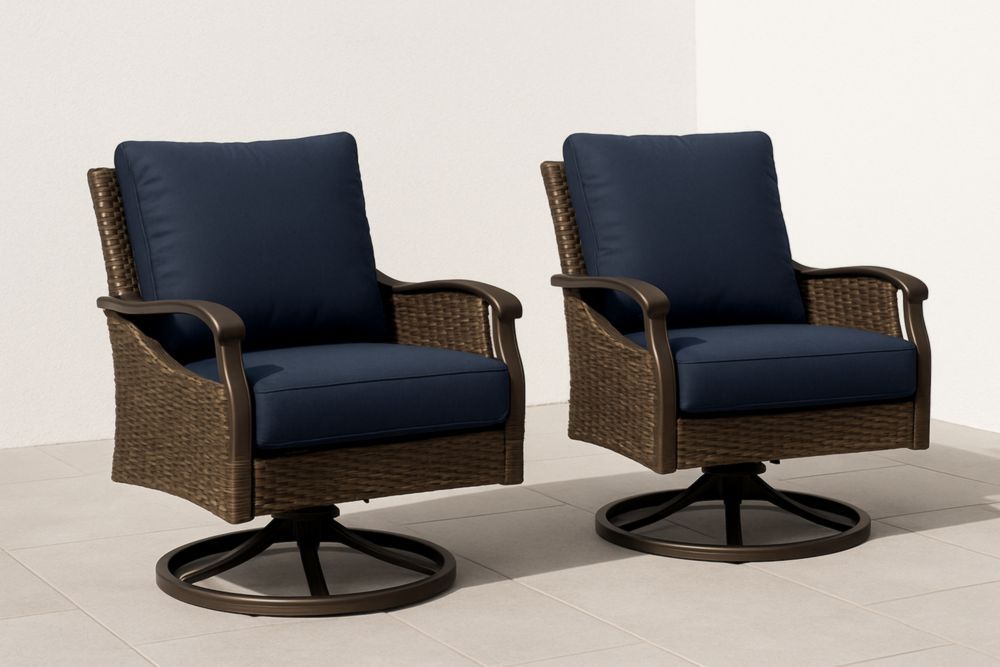 Paire de fauteuils pivotants en résine tressée avec coussins bleu marine-jardinvitaluz