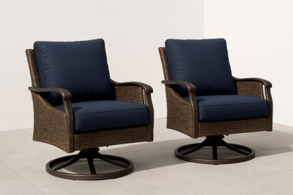 Paire de fauteuils pivotants en résine tressée avec coussins bleu marine-jardinvitaluz