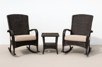 Ensemble Chaise à Bascule Extérieure en Résine Tressée avec Coussins et Table Basse - Marron/Beige-jardinvitaluz