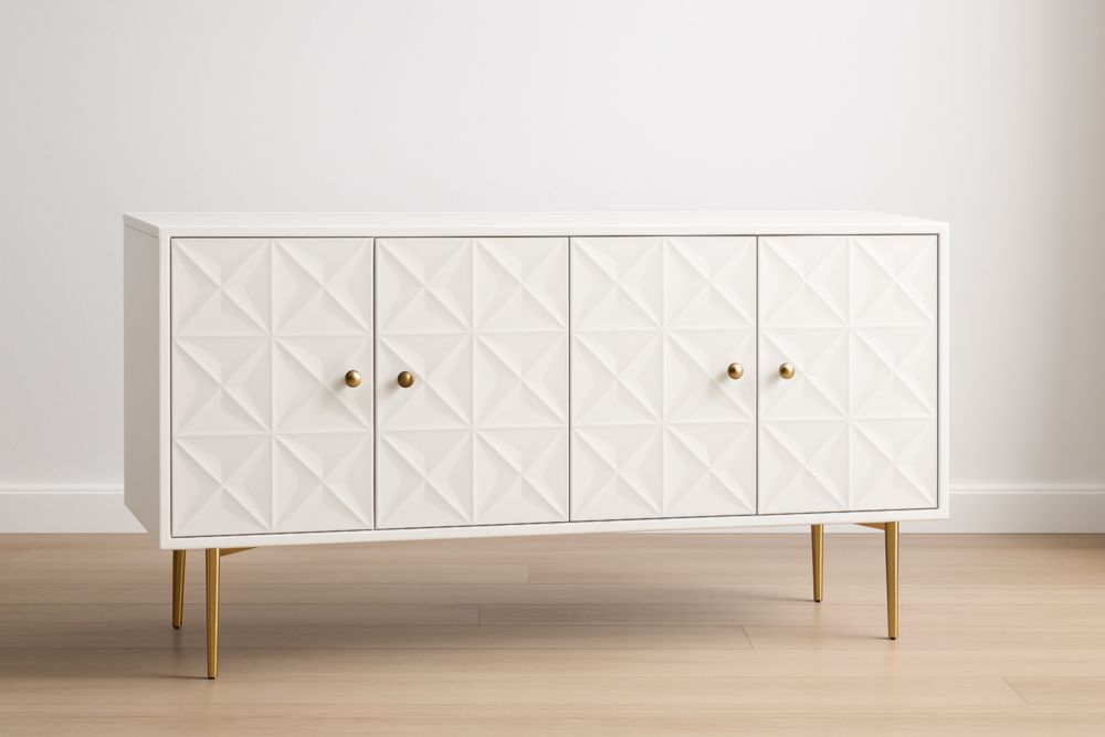 Buffet en bois blanc à quatre portes avec motifs géométriques et pieds en métal doré-jardinvitaluz