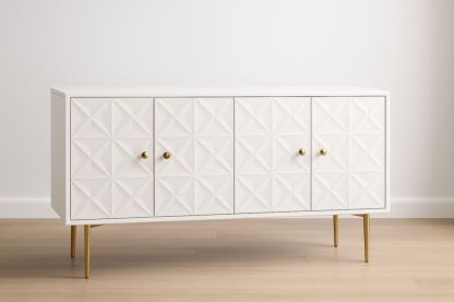 Buffet en bois blanc à quatre portes avec motifs géométriques et pieds en métal doré-jardinvitaluz