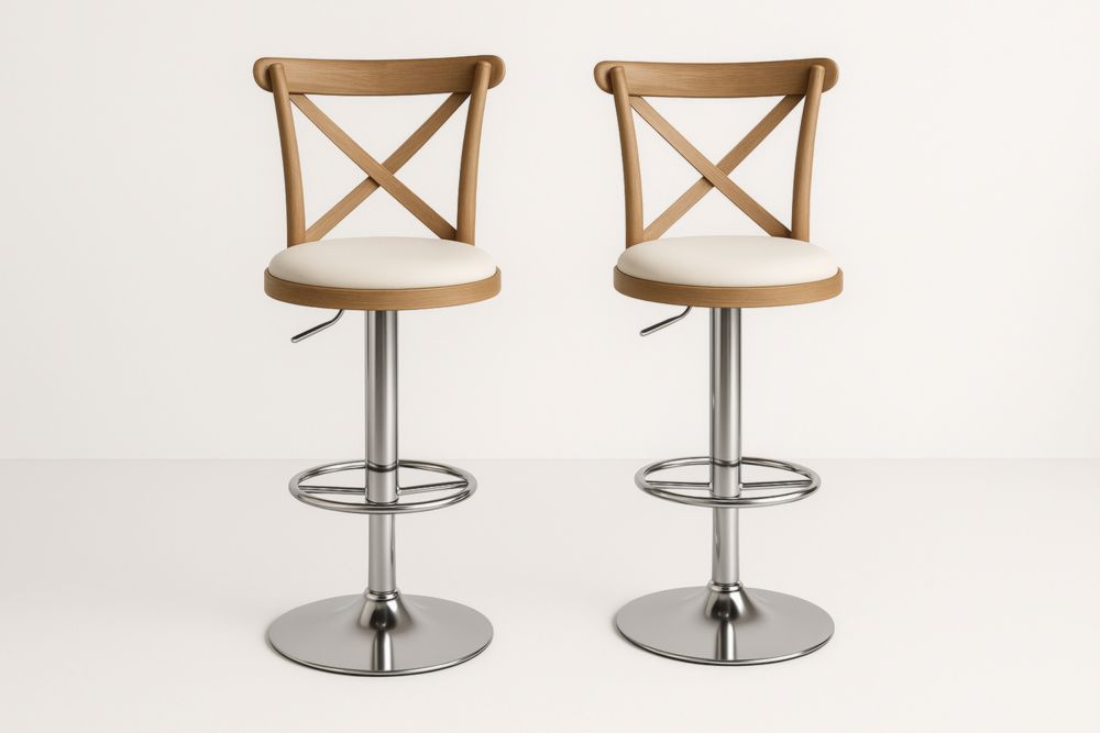 Tabourets de Bar Réglables en Bois et Métal avec Siège en Similicuir Blanc-jardinvitaluz