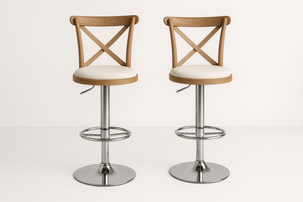 Tabourets de Bar Réglables en Bois et Métal avec Siège en Similicuir Blanc-jardinvitaluz