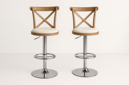 Tabourets de Bar Réglables en Bois et Métal avec Siège en Similicuir Blanc-jardinvitaluz