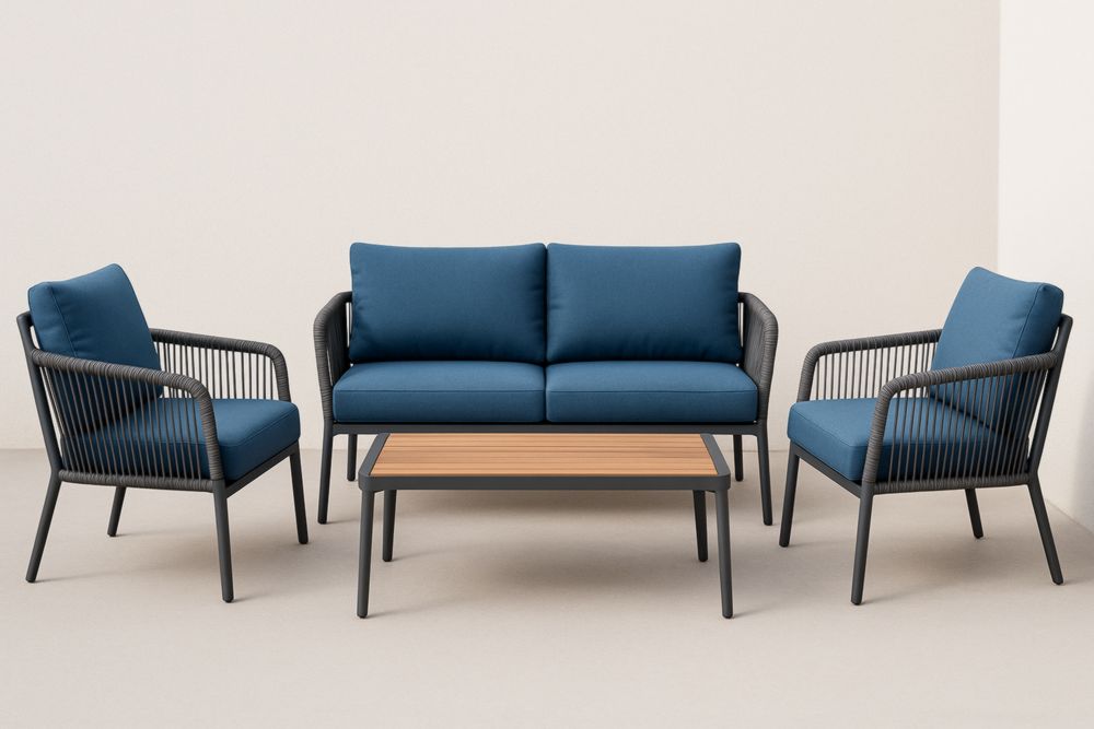 Ensemble Salon de Jardin 4 Pièces en Métal, Bois et Tissu Bleu-jardinvitaluz