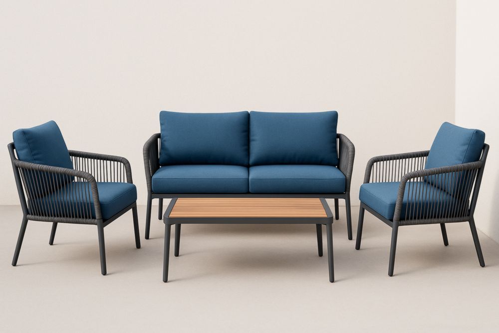 Ensemble Salon de Jardin 4 Pièces en Métal, Bois et Tissu Bleu-jardinvitaluz