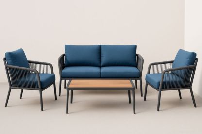 Ensemble Salon de Jardin 4 Pièces en Métal, Bois et Tissu Bleu-jardinvitaluz