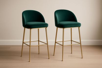 Paire de tabourets de bar en velours Vert/Or avec structure en métal-jardinvitaluz