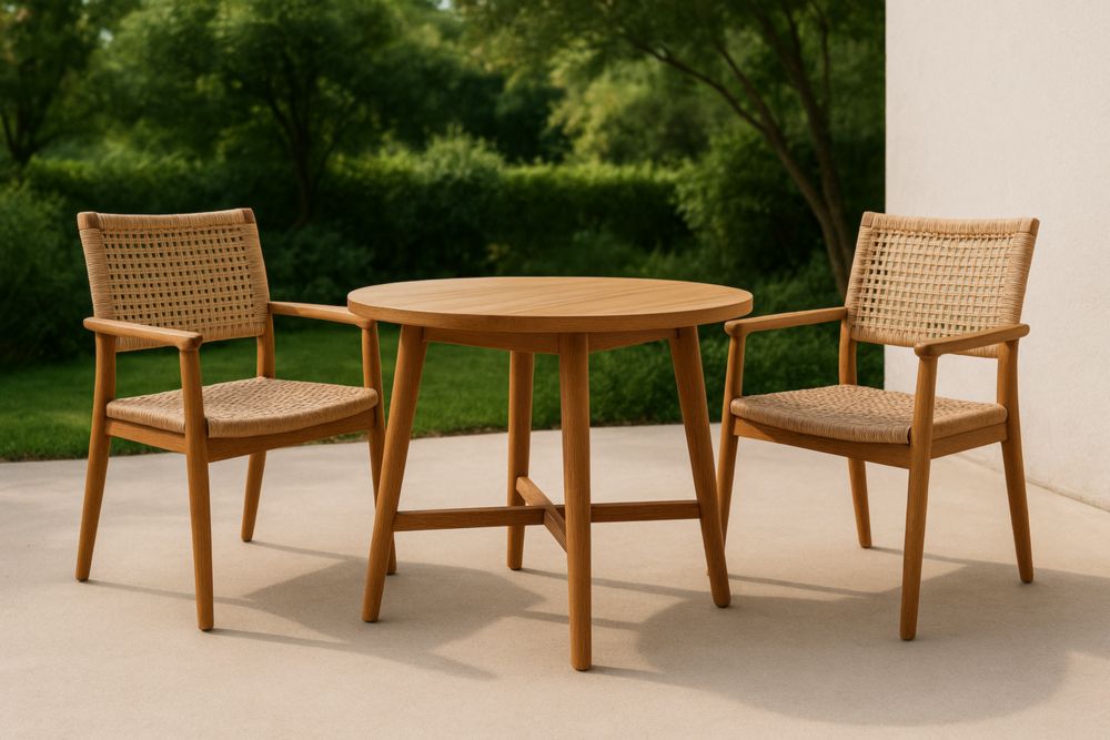 Set de table ronde en bois d'acacia et chaises tressées pour extérieur-jardinvitaluz