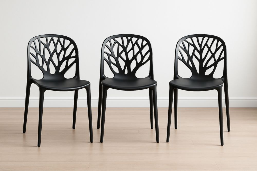 Chaises en Polypropylène Motif Arbre, Lot de 3, Noires-jardinvitaluz