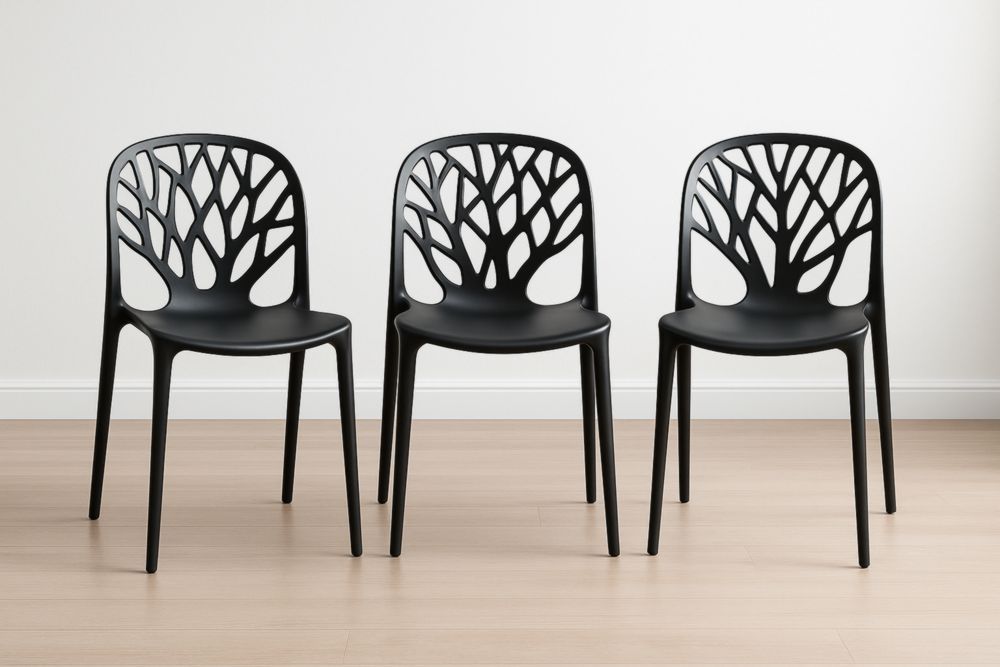 Chaises en Polypropylène Motif Arbre, Lot de 3, Noires-jardinvitaluz