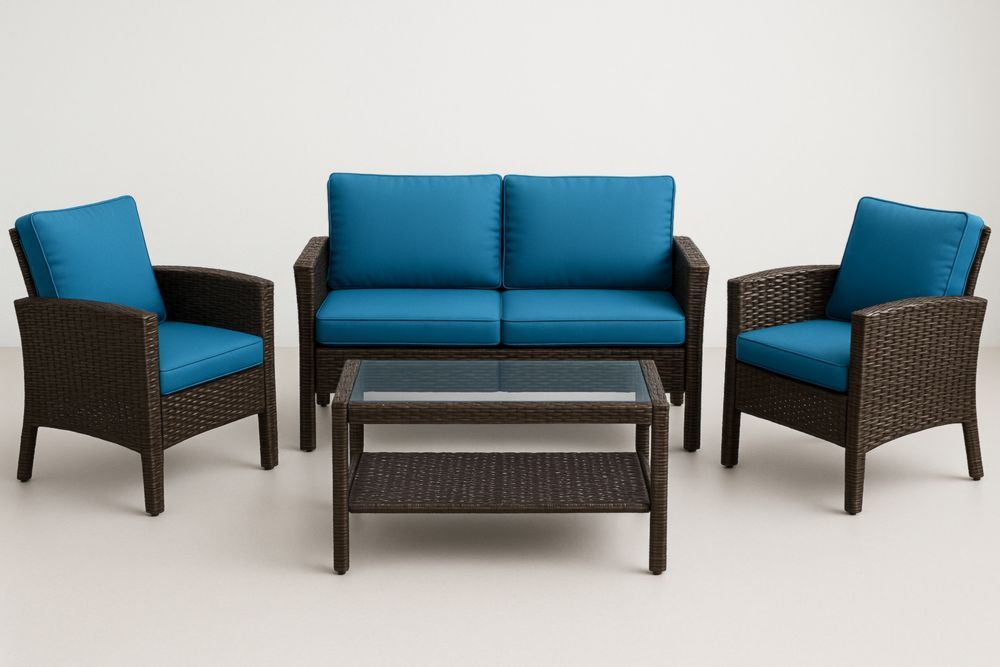 Ensemble de Salle de Jardin en Résine Tressée avec Table en Verre Trempé Bleu/Brun-jardinvitaluz