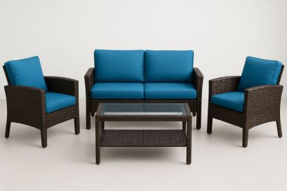 Ensemble de Salle de Jardin en Résine Tressée avec Table en Verre Trempé Bleu/Brun-jardinvitaluz