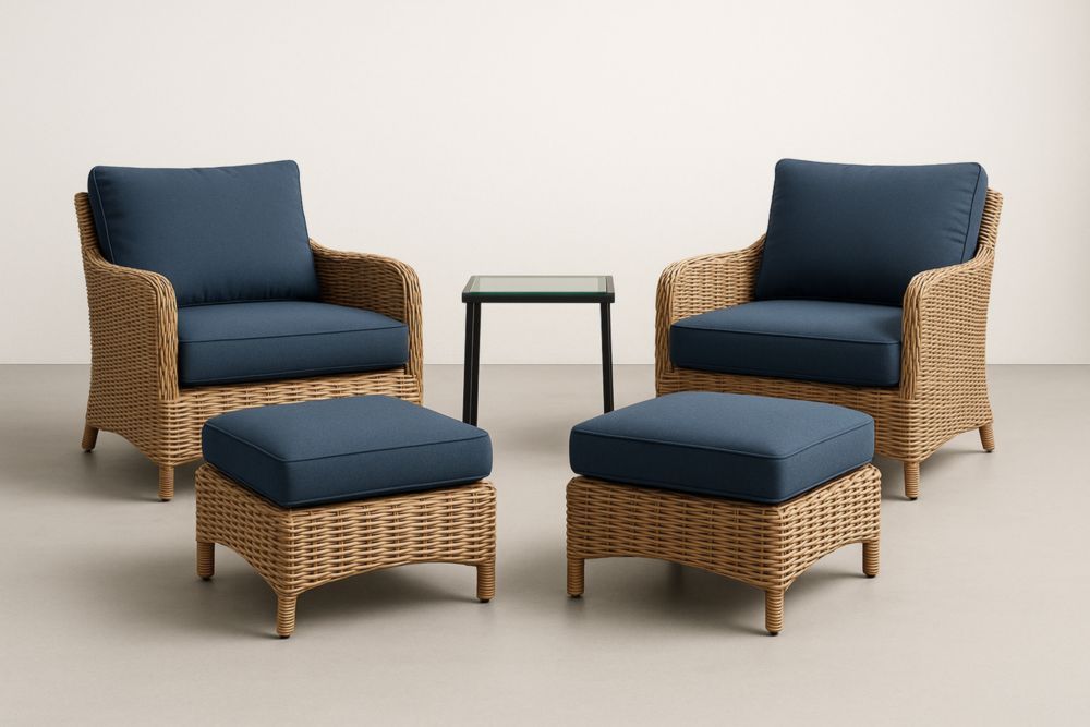 Ensemble de Salon en Résine avec Coussins Bleu et Table en Verre Trempé-jardinvitaluz