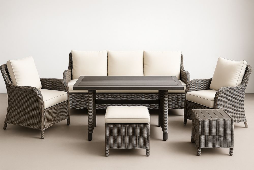 Ensemble de jardin en résine tressée avec coussins crème, table 160 cm-jardinvitaluz