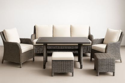 Ensemble de jardin en résine tressée avec coussins crème, table 160 cm-jardinvitaluz