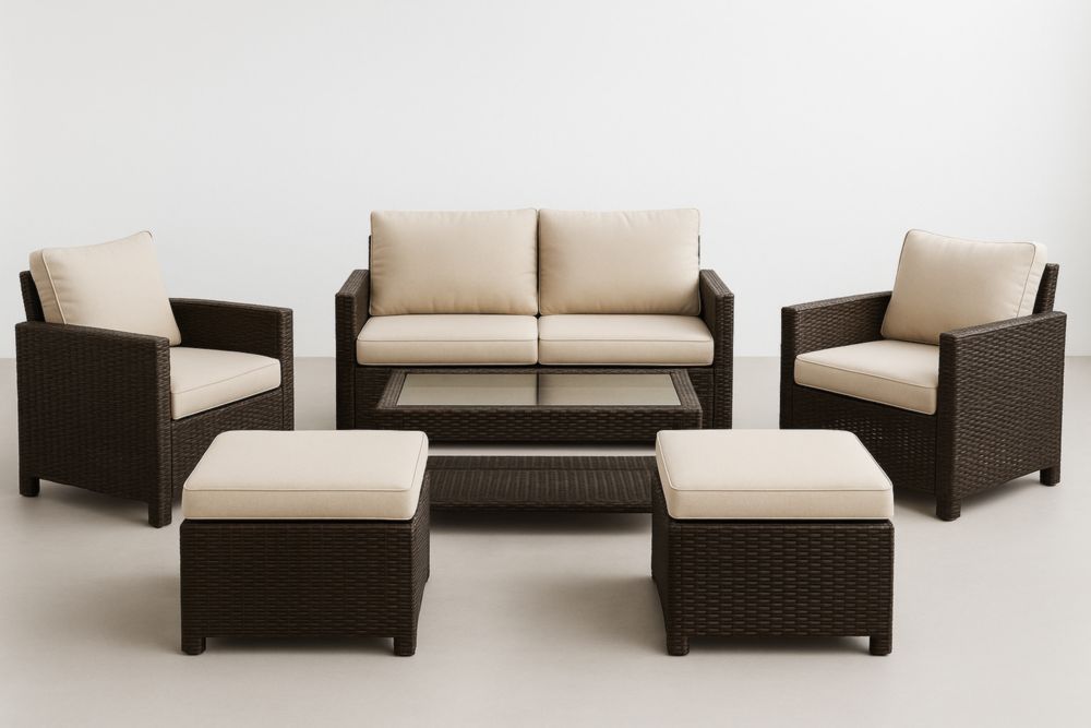 Ensemble de meubles de jardin en résine tressée avec coussins en mousse et housses en polyester beige-jardinvitaluz