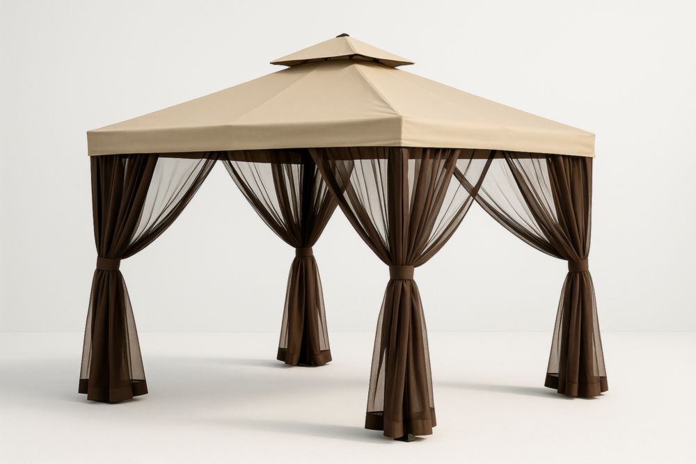 Tonnelle de jardin en polyester beige avec rideaux en maille marron-jardinvitaluz