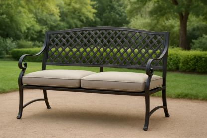 Banc de jardin en métal noir avec coussins beiges-jardinvitaluz