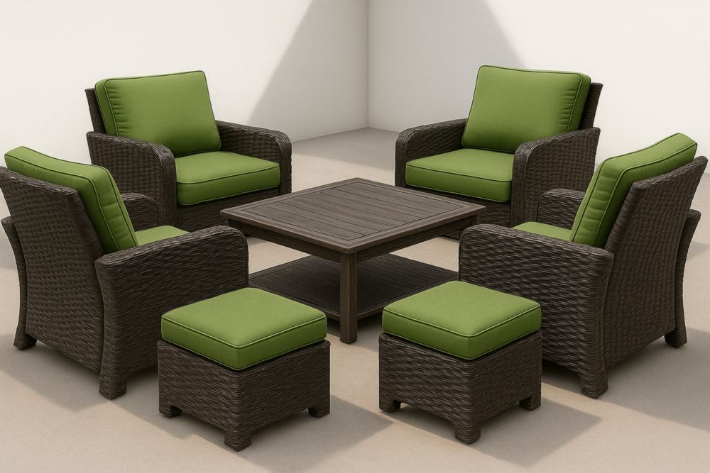 Ensemble de mobilier d'extérieur en rotin et bois brun avec coussins verts-jardinvitaluz