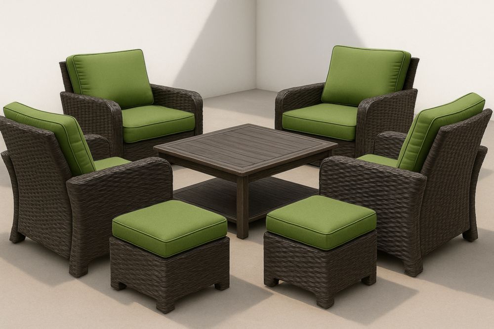 Ensemble de mobilier d'extérieur en rotin et bois brun avec coussins verts-jardinvitaluz