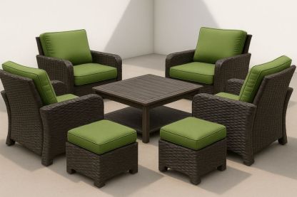 Ensemble de mobilier d'extérieur en rotin et bois brun avec coussins verts-jardinvitaluz